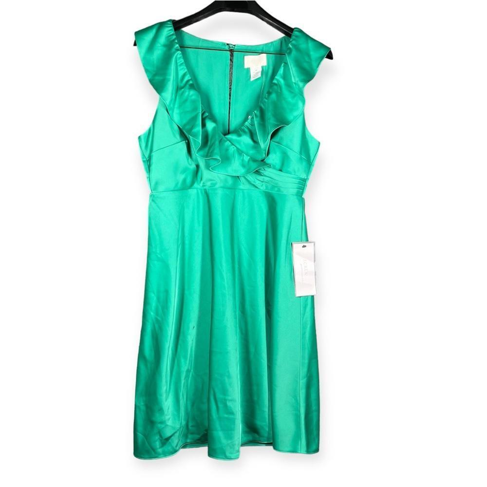 J Crew Women V Neck Green Ruffle Midi Day To Night Sleeveless Dress 12P
